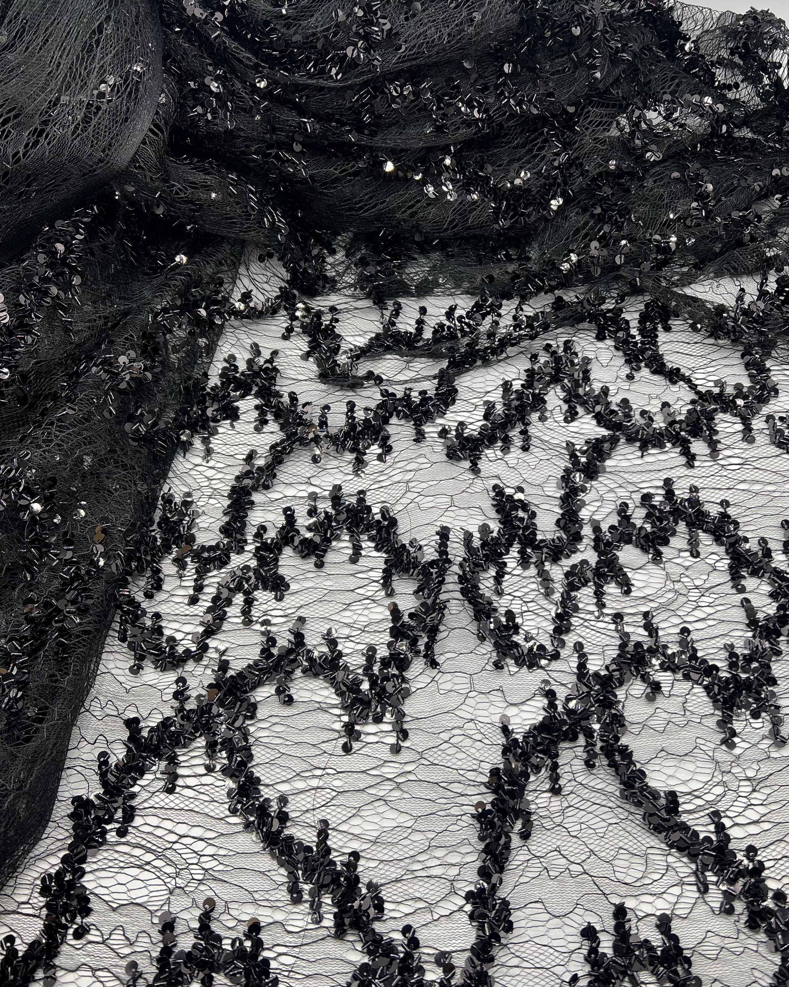 Black Sequin Detail Tulle Net Mesh Fabric Stretch
